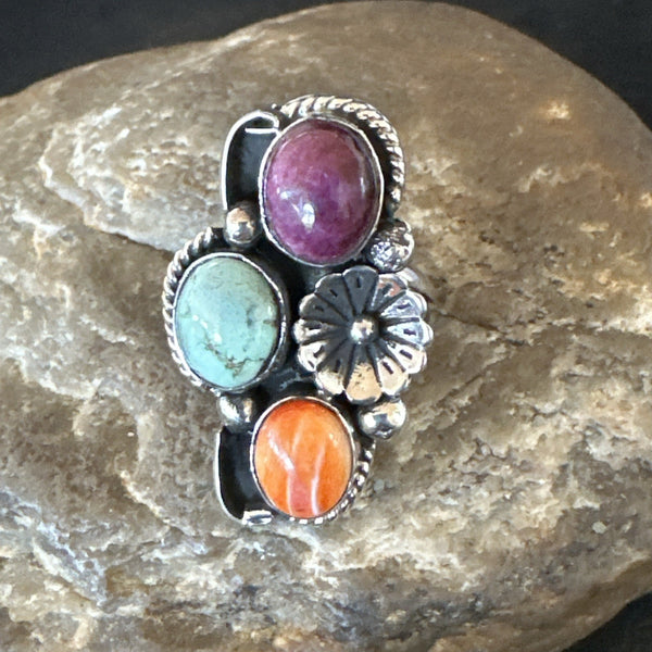 Multicolor Ring Turquoise Spiny Navajo Cluster Size 6.5 | Sterling Silver | Authentic Native American Handmade | 19175