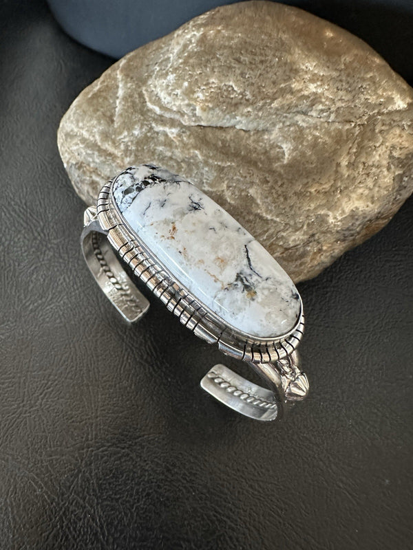 White Buffalo Turquoise Navajo Cuff Bracelet 7" | Sterling Silver | Authentic Native American Handmade | 19381