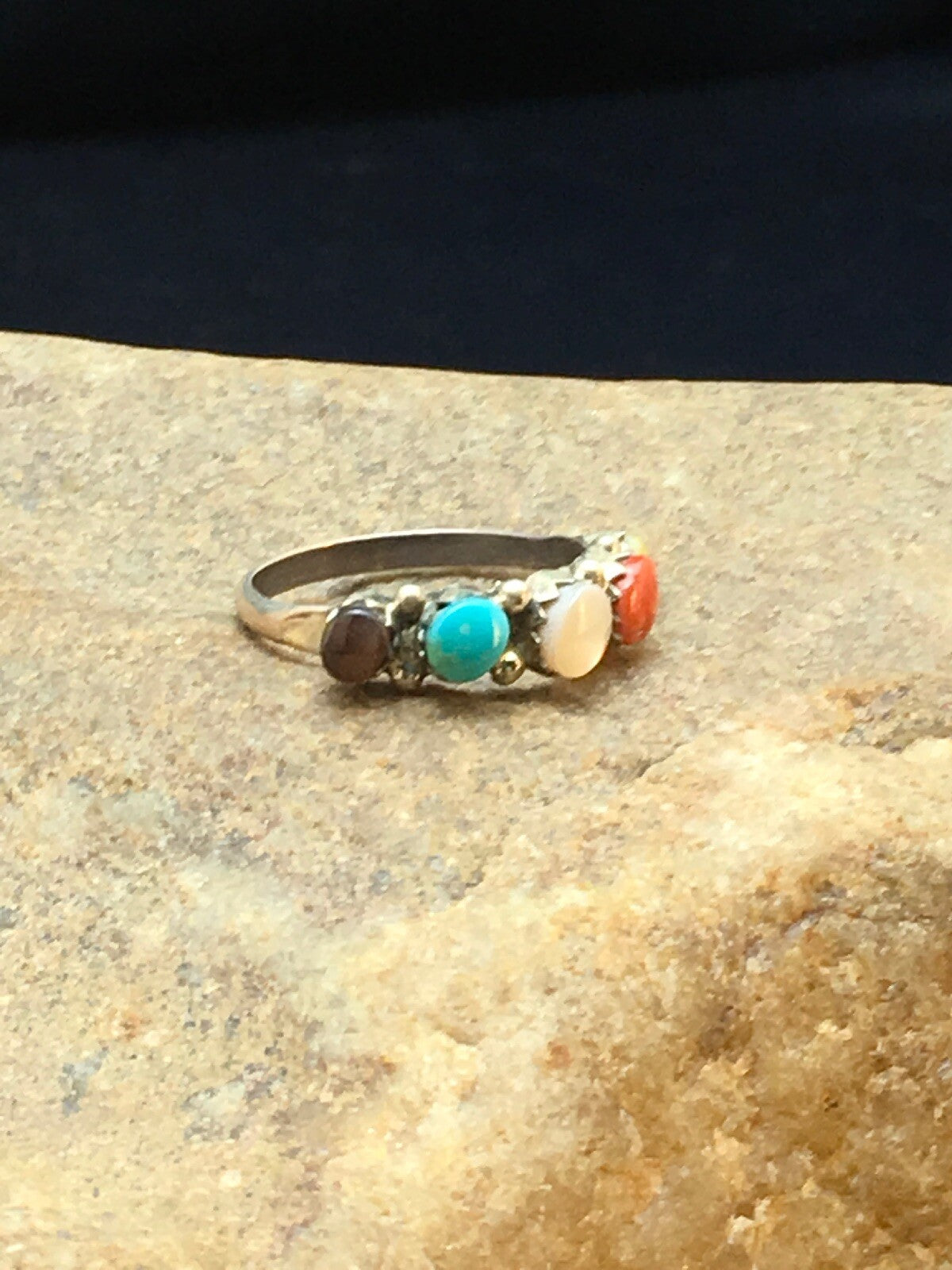Blue Opal Coral & Turquoise Zuni Sterling Silver Ring Size 6.25 02501