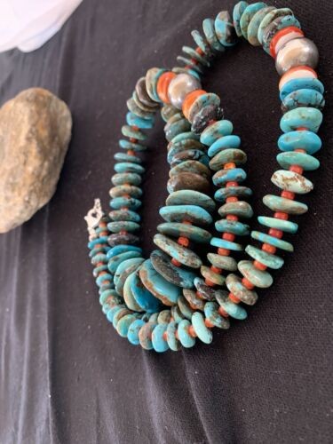 Navajo Natural Blue Turquoise & Spiny Oyster Necklace Graduated 28" 332