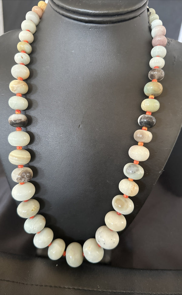 Blue Amazonite Orange Spiny Navajo Bead Necklace 21" | Sterling Silver | Authentic Native American Handmade | 18075