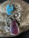 Cluster Kingman Turquoise Purple Spiny Navajo Ring Sz 5.5 | Sterling Silver | Authentic Native American Handmade | 19105