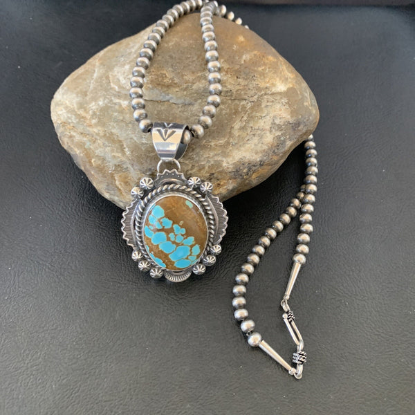 Men's Blue Turquoise #8 Pendant Navajo Pearls Necklace | Sterling Silver | Authentic Native American Handmade | 10866