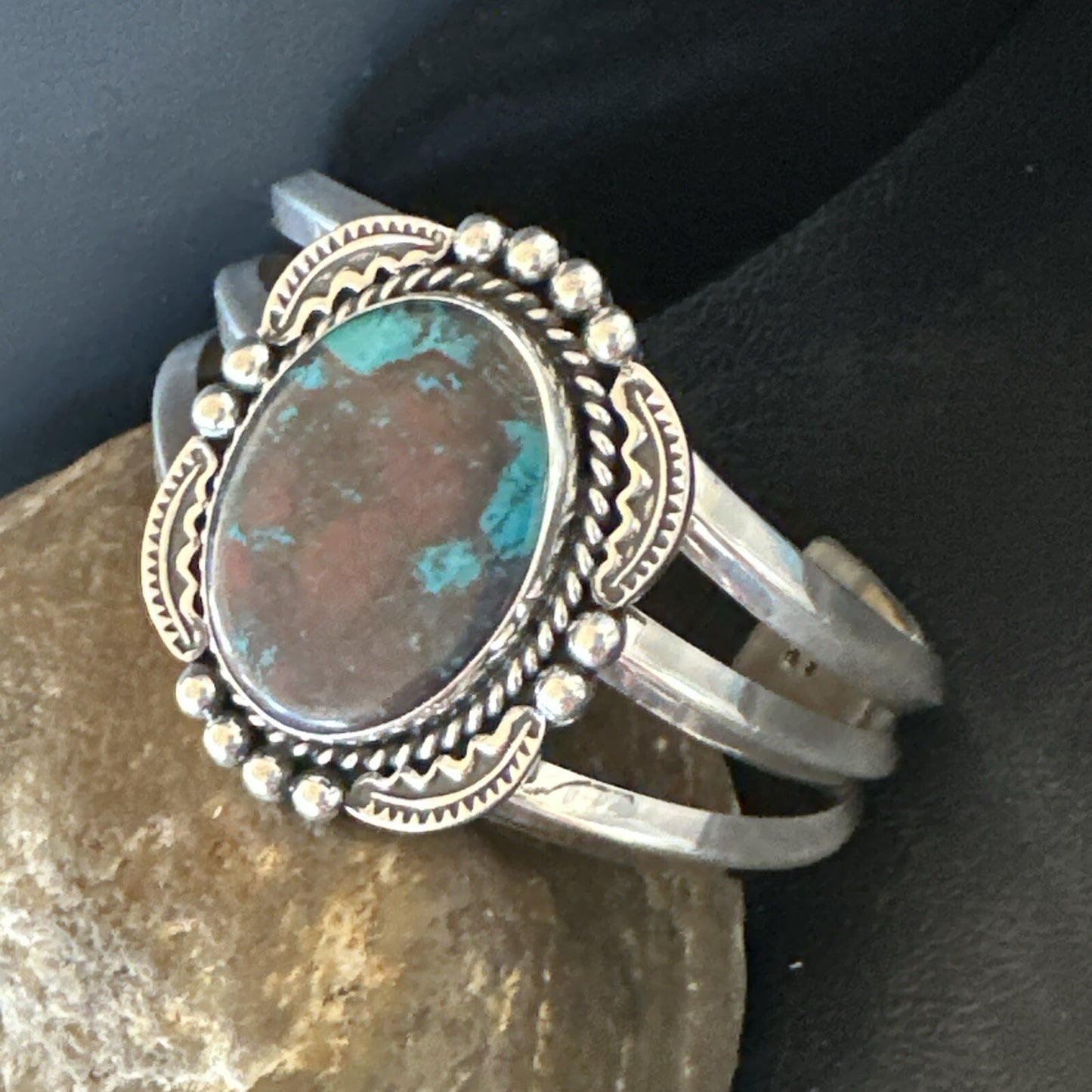 Navajo Blue TURQUOISE Stamped Sterling Silver Cuff Bracelet 18715