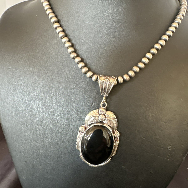 Men's Women's Black Onyx Pendant Navajo Beads Necklace | Sterling Silver | Authentic Native American Handmade | 18307