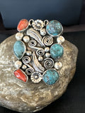 Navajo Blue Turquoise Coral Ring Multi-Stone Cluster Sz 10.5 19779