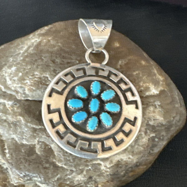 Cluster Blue Kingman Turquoise Navajo Pendant 2" | Sterling Silver | Authentic Native American Handmade | 19287