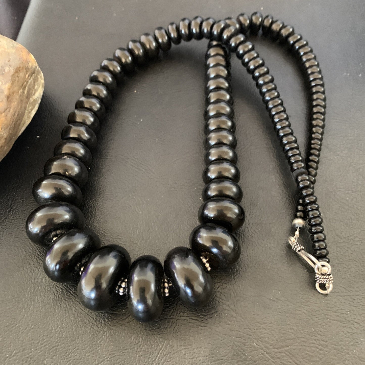 Black Jet Onyx Graduated Bead Navajo Pearls Sterling Silver Necklace 24" 12529