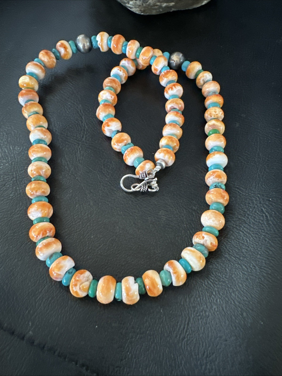 Orange Spiny Oyster Turquoise Navajo Sterling Silver Beads 22” Necklace 19164
