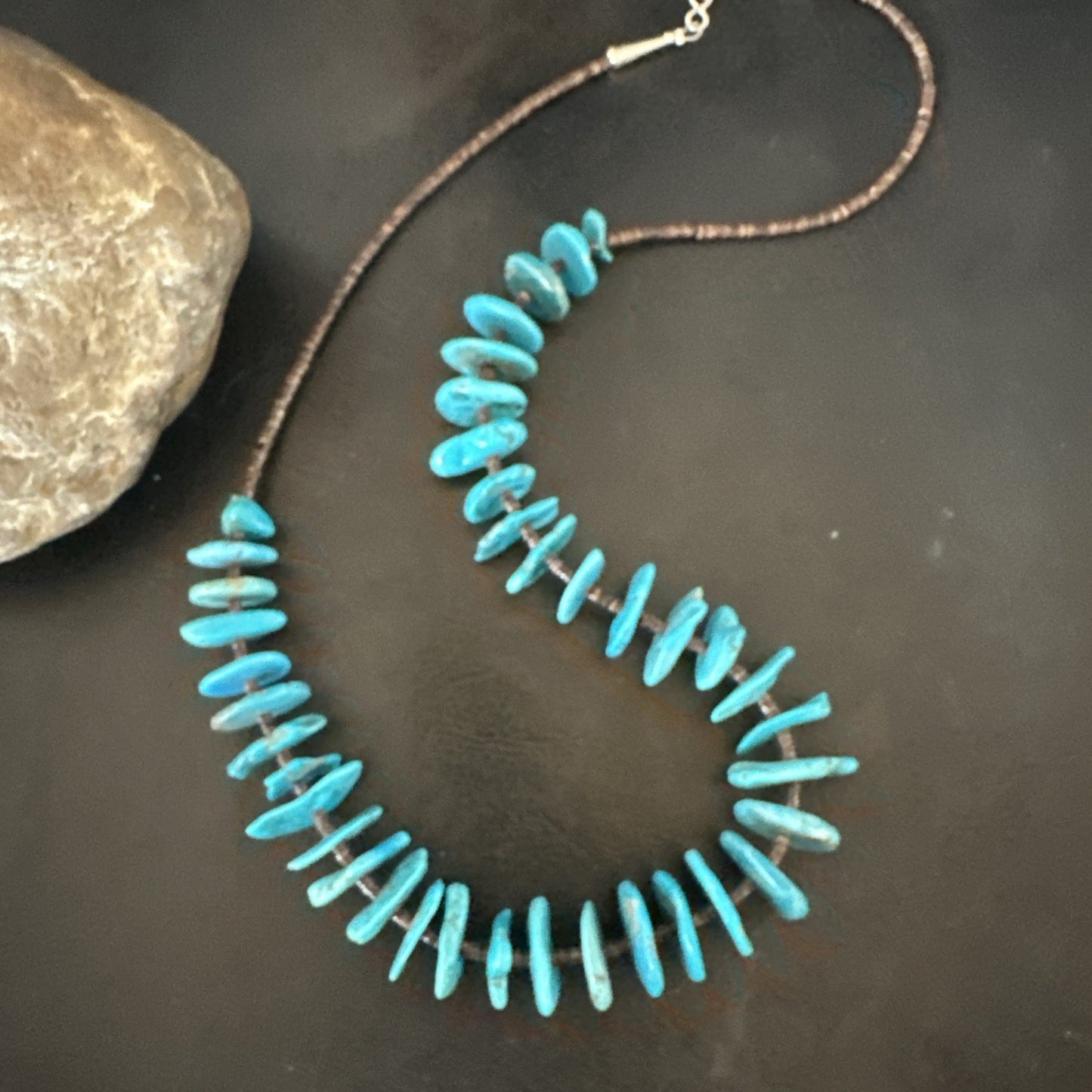 Navajo Kingman Turquoise Shell Heishi Sterling Silver Bead 24” Necklace 19633