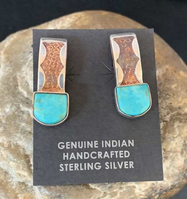 Women's Inlay Earrings Navajo Blue Turquoise Brass 1" | Sterling Silver | Authentic Native American Handmade | 13106