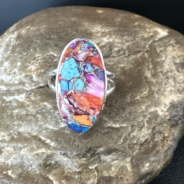 Blue Turquoise Spiny Oyster Navajo Ring Size 8 | Sterling Silver | Authentic Native American Handmade | 18214