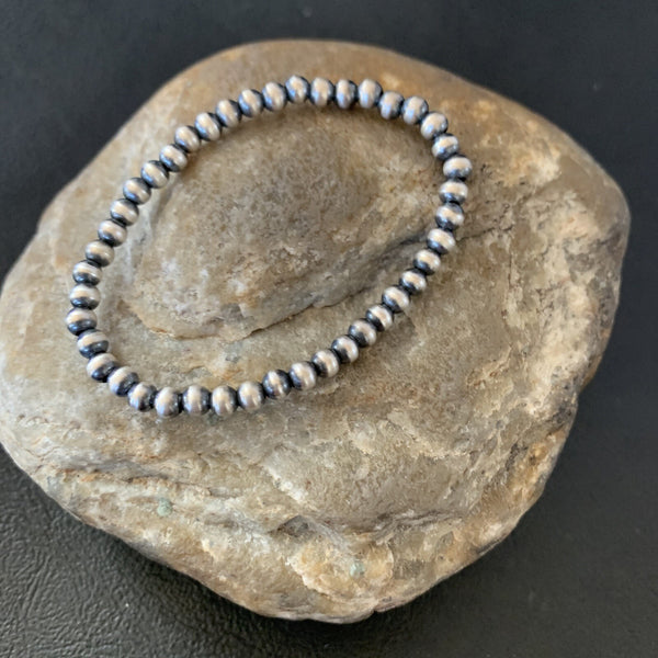 Navajo 4mm Beads 6"Stretchable Bracelet | Sterling Silver | Authentic Native American Handmade | 90401