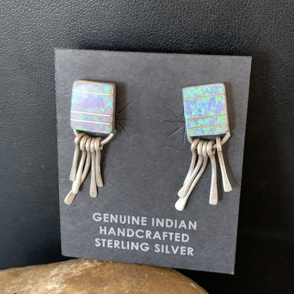 Blue Opal Inlay Navajo Dangle Post Earrings 0.5" | Sterling Silver | Authentic Native American Handmade | 12754