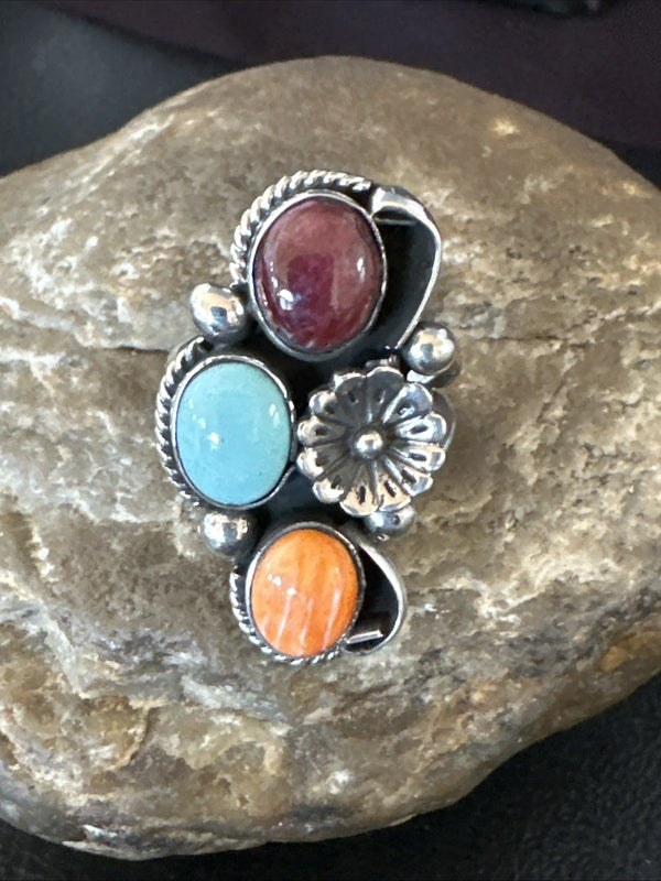 Multicolor Ring Turquoise Spiny Navajo Cluster Size 8.5 | Sterling Silver | Authentic Native American Handmade | 19166
