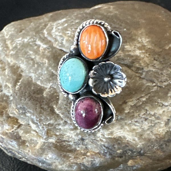 Multicolor Ring Turquoise Spiny Navajo Cluster Size 7 | Sterling Silver | Authentic Native American Handmade | 19178