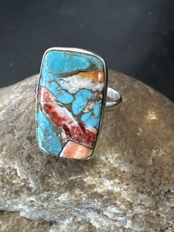 Blue Turquoise Spiny Oyster Southwestern Ring Size 8 | Sterling Silver | Authentic Native American Handmade | 18434