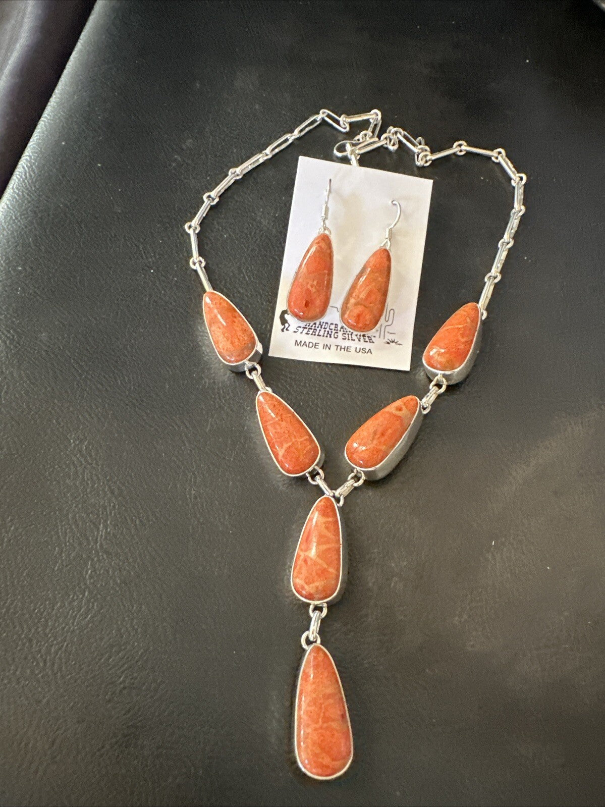 Women Apple Coral Lariat Necklace Pendant Earrings Sterling Silver 16” 18409