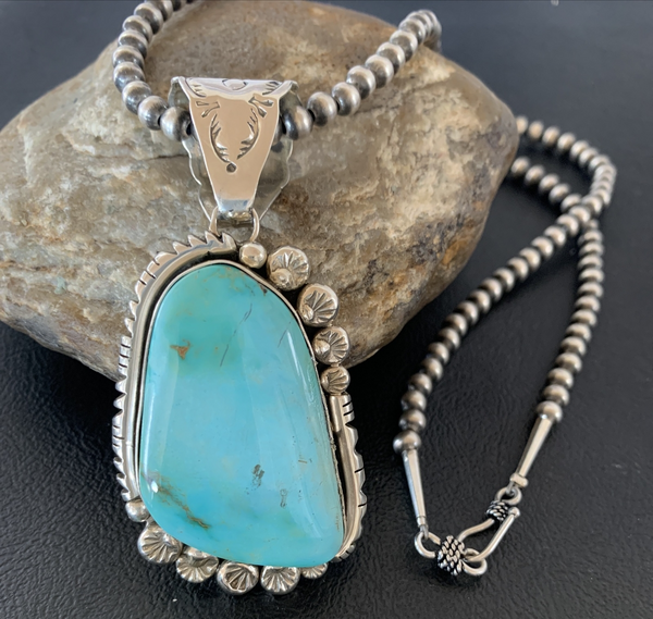 Men's Royston Turquoise Pendant Navajo Pearls Necklace 02111N | Sterling Silver | Authentic Native American Handmade