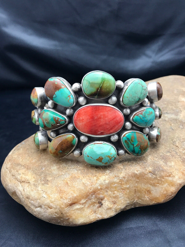 Royston Turquoise Red Spiny Oyster Navajo Bracelet | Sterling Silver | Authentic Native American Handmade | 01052