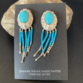 Women's Nugget Blue Turquoise Dangle Earrings 2" | Sterling Silver | Authentic Native American Handmade | 13013