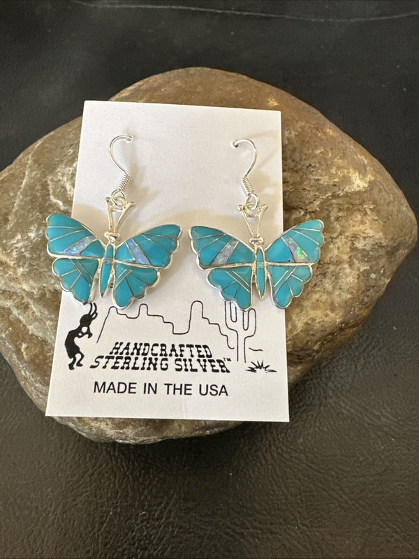 Butterfly Blue Turquoise Opal Inlay Dangle Earrings | Sterling Silver | Authentic Native American Handmade | 18554