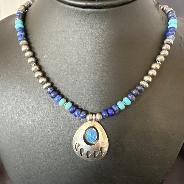 Men's Blue Turquoise Lapis BearPaw Pendant Navajo Necklace | Sterling Silver | Authentic Native American Handmade | 17882