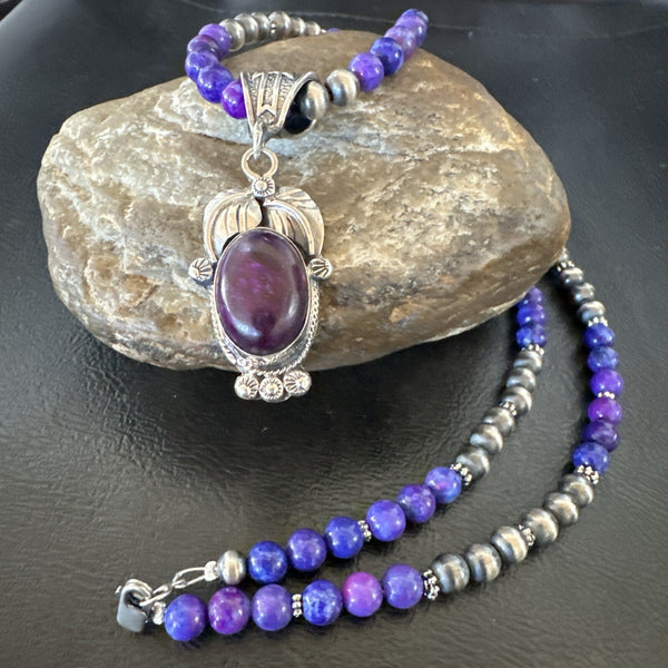 Purple Stone Pendant Navajo Pearls Necklace | Sterling Silver | Authentic Native American Handmade | 18387