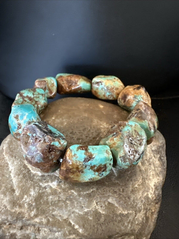 Men's Women's Blue Green Turquoise Stretch Stone Friendship Bracelet 7" | Authentic Native American Handmade | 18868