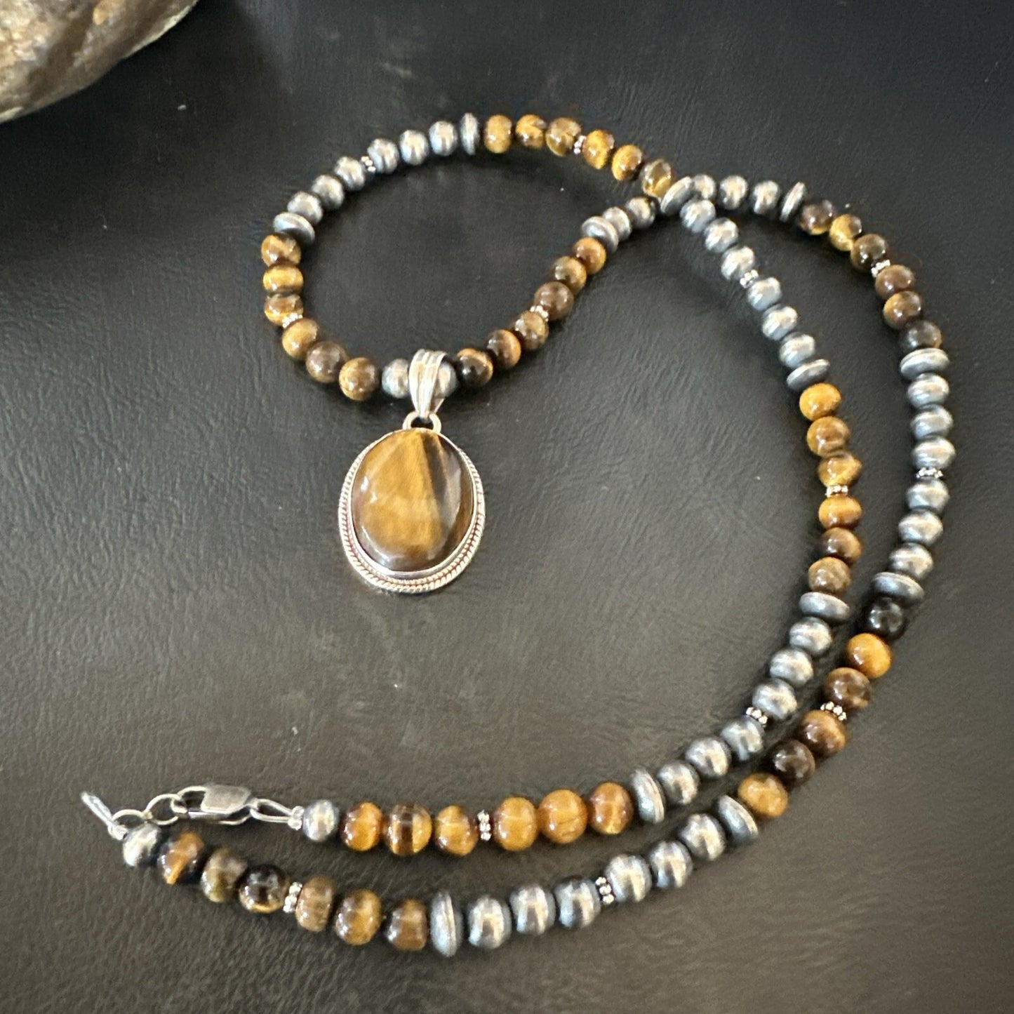 Coffee Brown Tigers Eye Sterling Silver Pendant Necklace Southwestern 18282