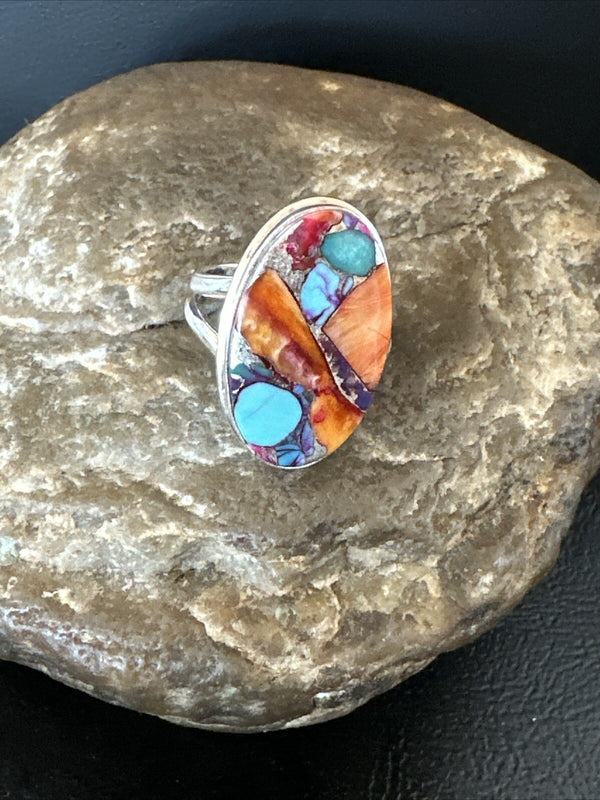 Turquoise Spiny Oyster Navajo Ring Size 8 | Sterling Silver | Authentic Native American Handmade | 18213