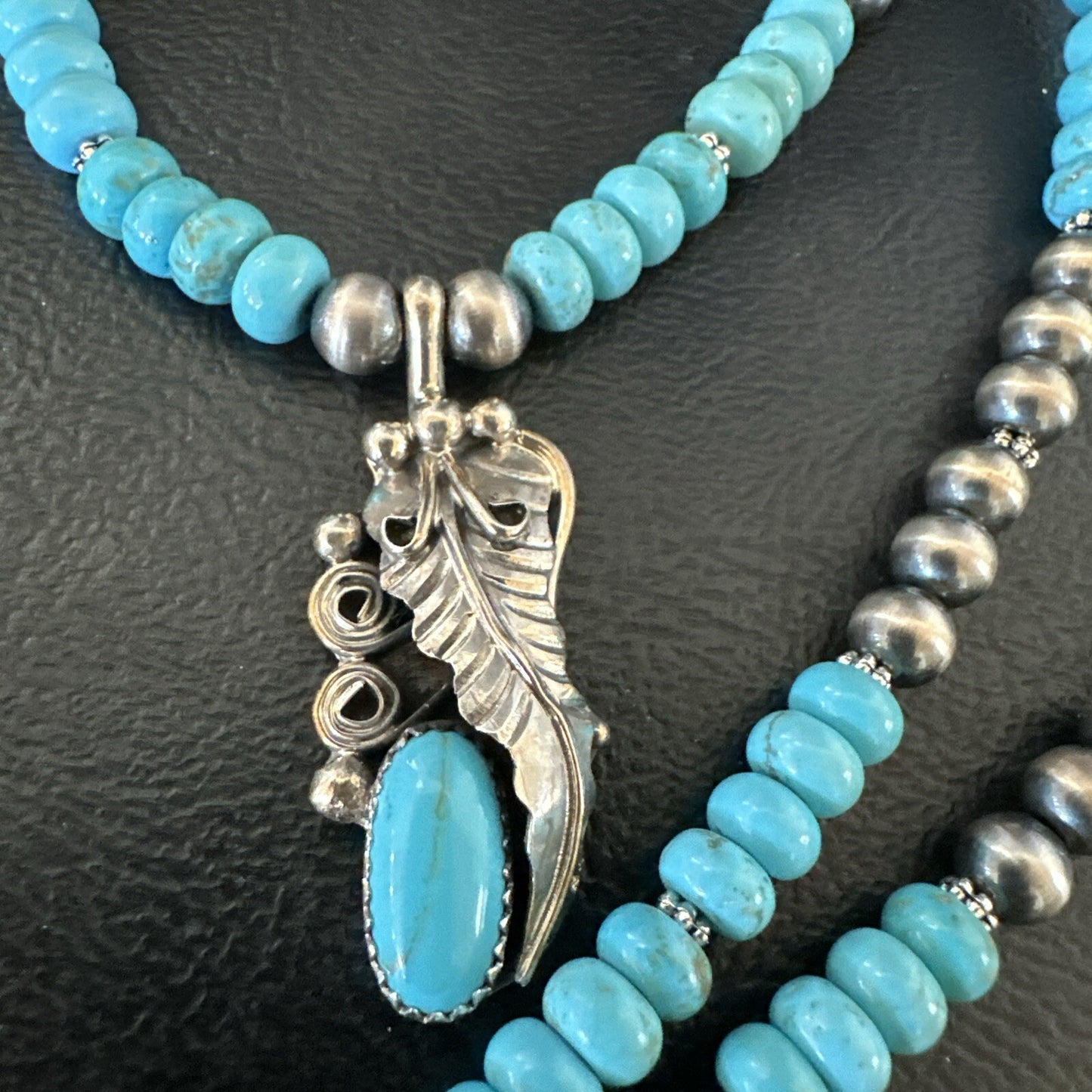 Mens Feather Turquoise Pendant Navajo Sterling Silver Necklace 18061