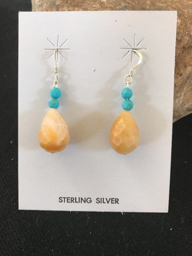 Native Turquoise & Jade Bead Navajo Dangle Earrings Sterling Silver 03817