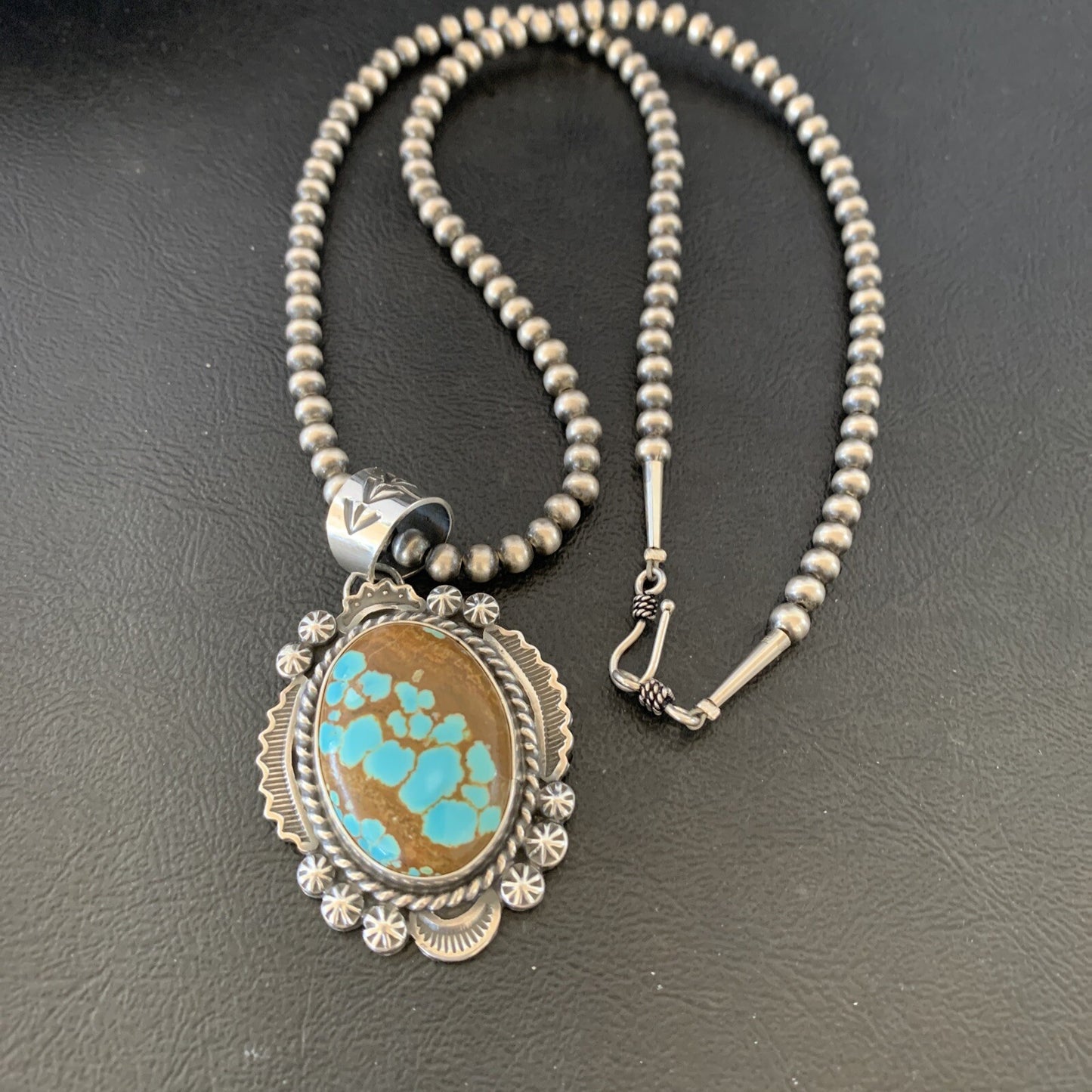 Mens Blue Turquoise #8 Pendant Navajo Pearls Sterling Silver Necklace 10866