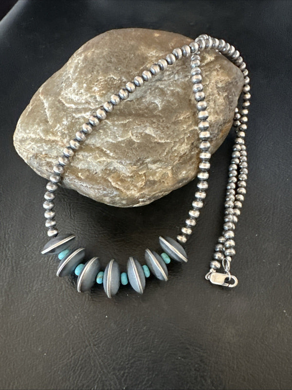 Blue Turquoise Round Flat Beads Necklace 20" | Sterling Silver | Authentic Native American Handmade | 19026