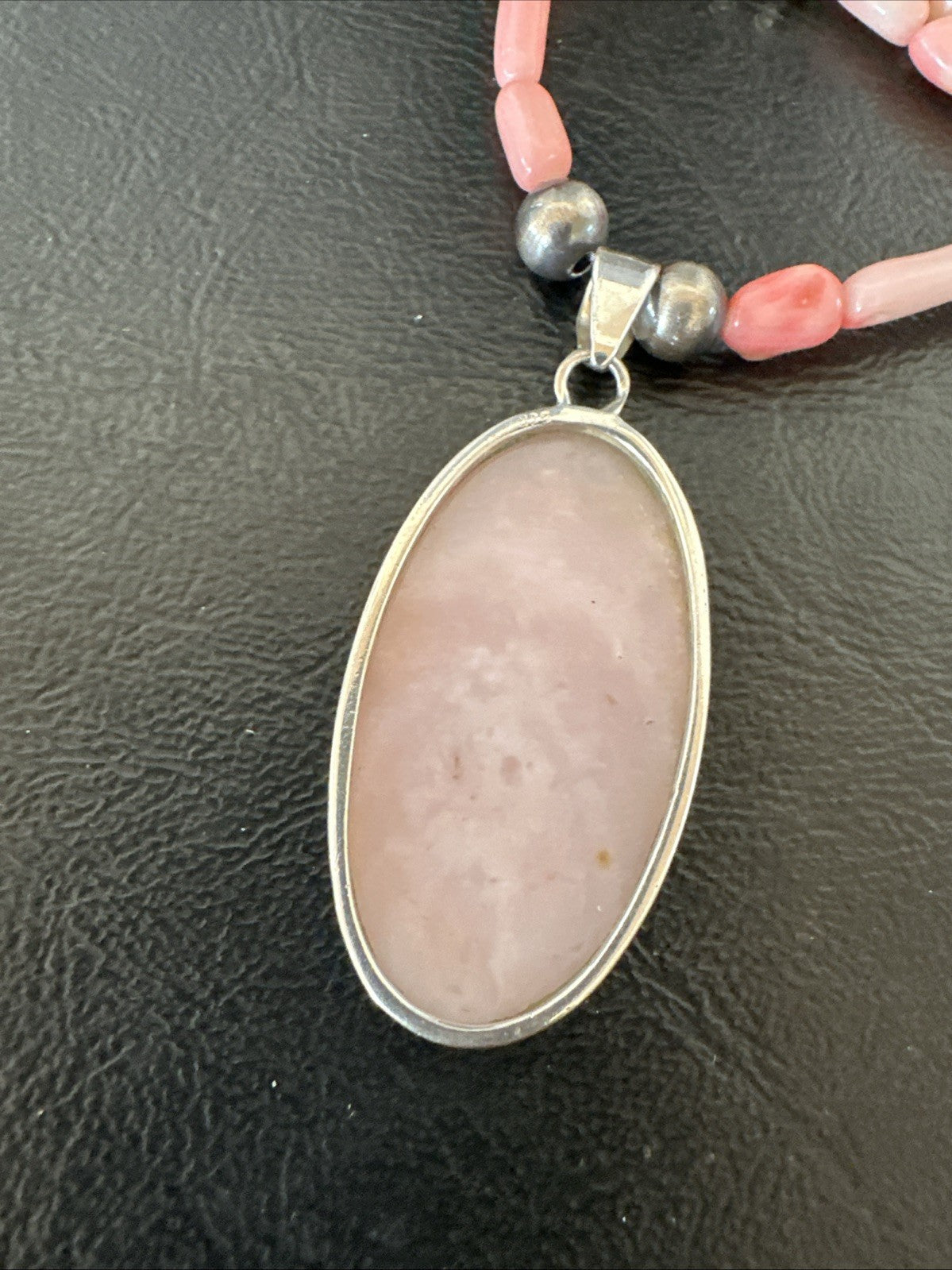 Southwestern Sterling Silver Pink Coral Bead Necklace Quartz Pendant 24" 19586