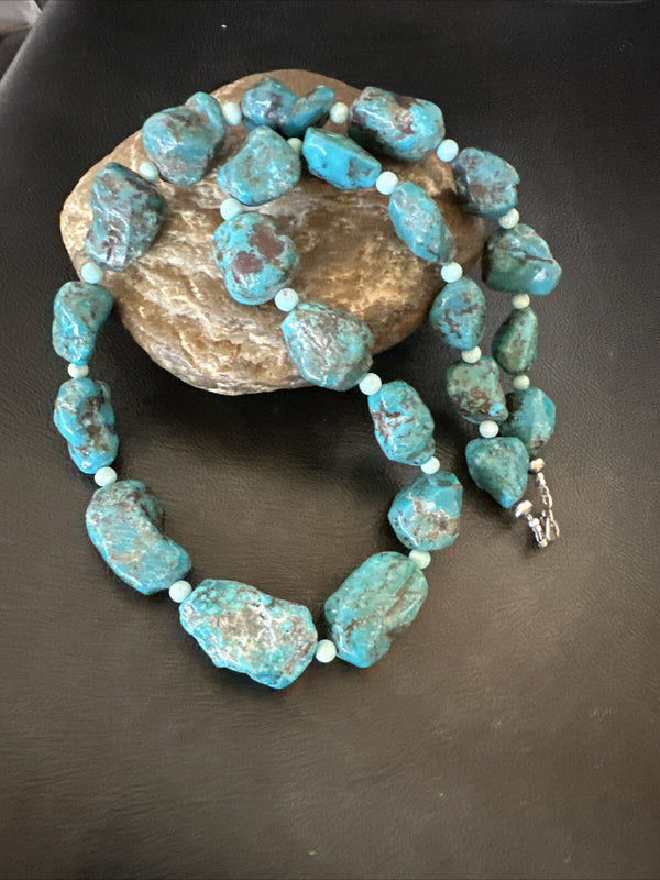 Blue Turquoise Chunky Nugget Navajo Necklace 22" | Sterling Silver | Authentic Native American Handmade | 18303