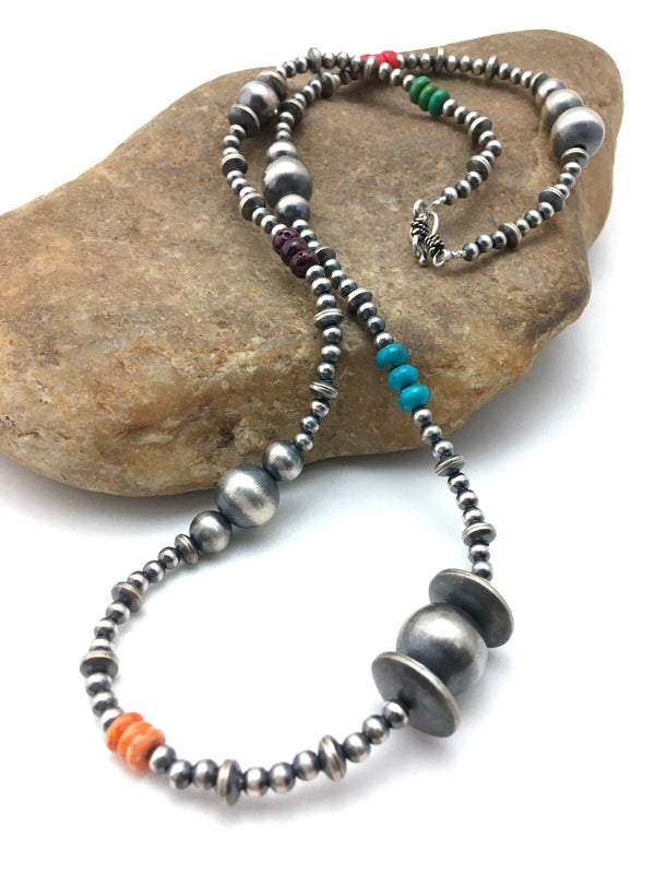 Turquoise Coral Spiny Oyster Navajo Pearls Bead Necklace 24" | Sterling Silver | Authentic Native American Handmade