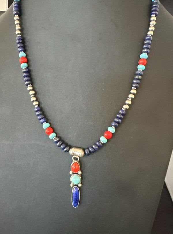 Multicolor Turquoise Spiny Navajo Cluster Pendant Necklace | Sterling Silver | Authentic Native American Handmade | 19647