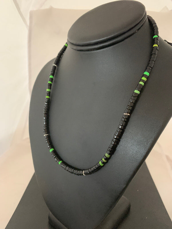 Green Turquoise Onyx Heishi Navajo Necklace | Sterling Silver | Authentic Native American Handmade | 4687