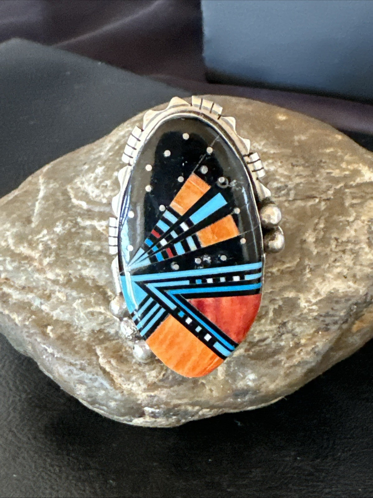 Onyx Turquoise Spiny Navajo Cosmic Inlay Sterling Silver Ring Size 10 19783