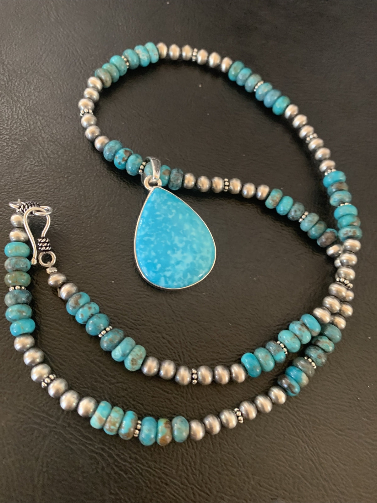 Womens Blue Kingman Turquoise Sterling Silver Beads Necklace Pendant 11692