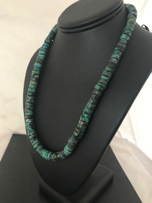 Southwestern Turquoise Heishi Bead Necklace 10mm 20" | Sterling Silver | Authentic Native American Handmade | 8505