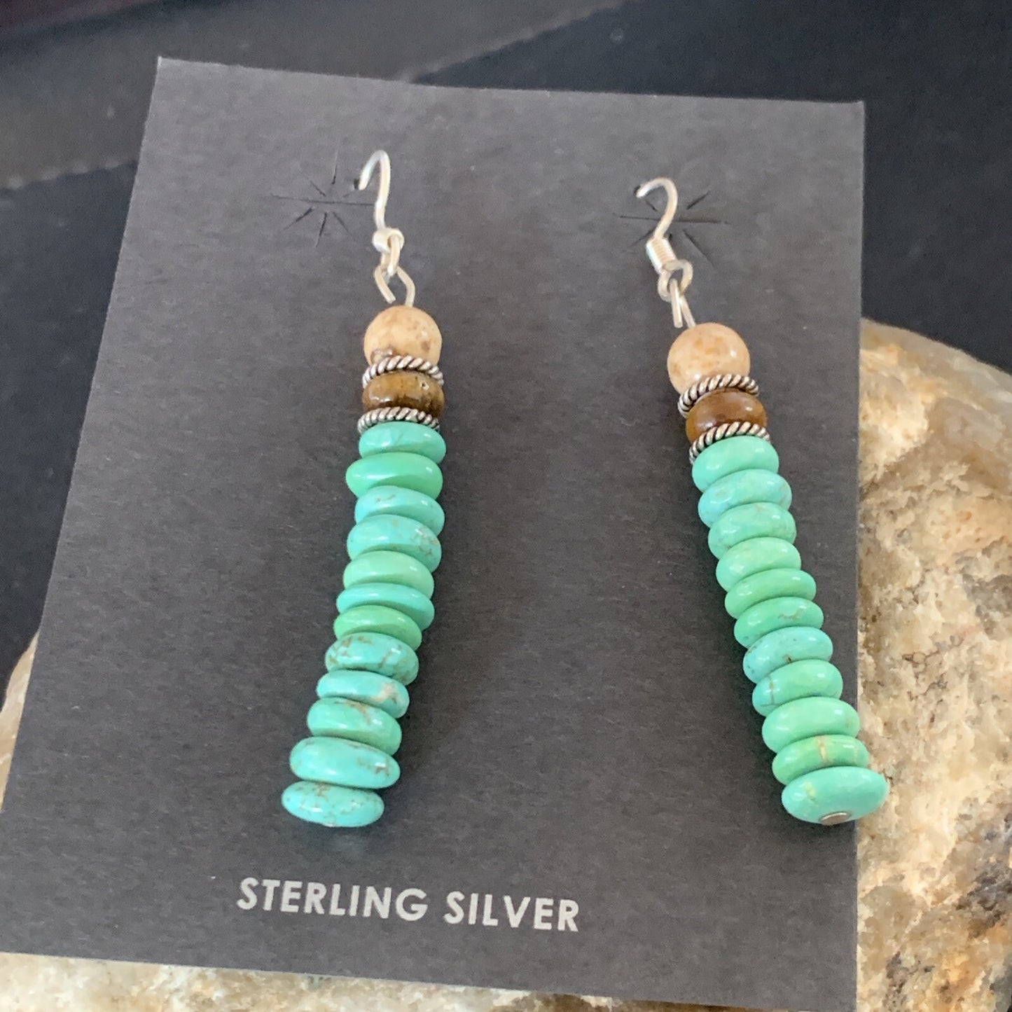 Green Turquoise & Picture Jasper Bead Navajo Sterling Silver Earrings 04080