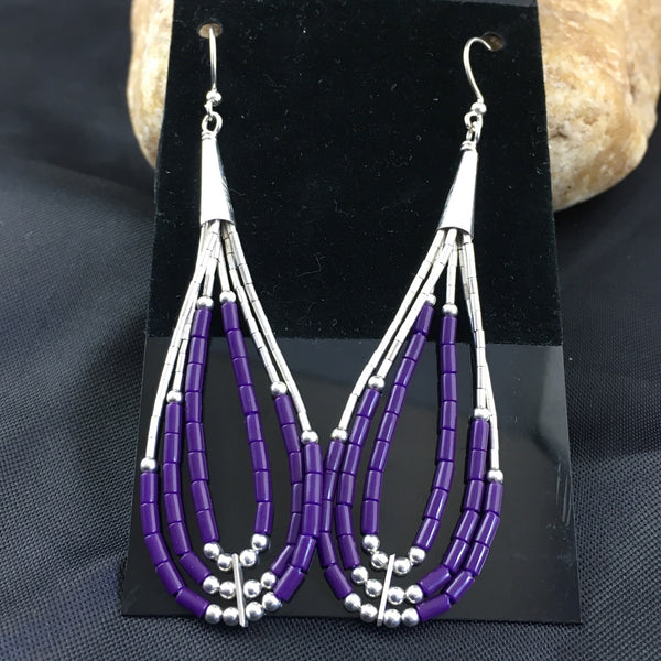 Purple Stone 3 Strands Heishi Liquid Dangle Earrings | Sterling Silver | Authentic Native American Handmade | 1989