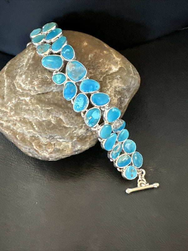 WoMen Blue Kingman Turquoise Southwestern Link Bracelet | Sterling Silver | Authentic Native American Handmade | 17974