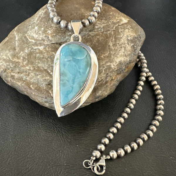 Women's Blue Larimar Pendant Navajo Beads Necklace | Sterling Silver | Authentic Native American Handmade | 17716
