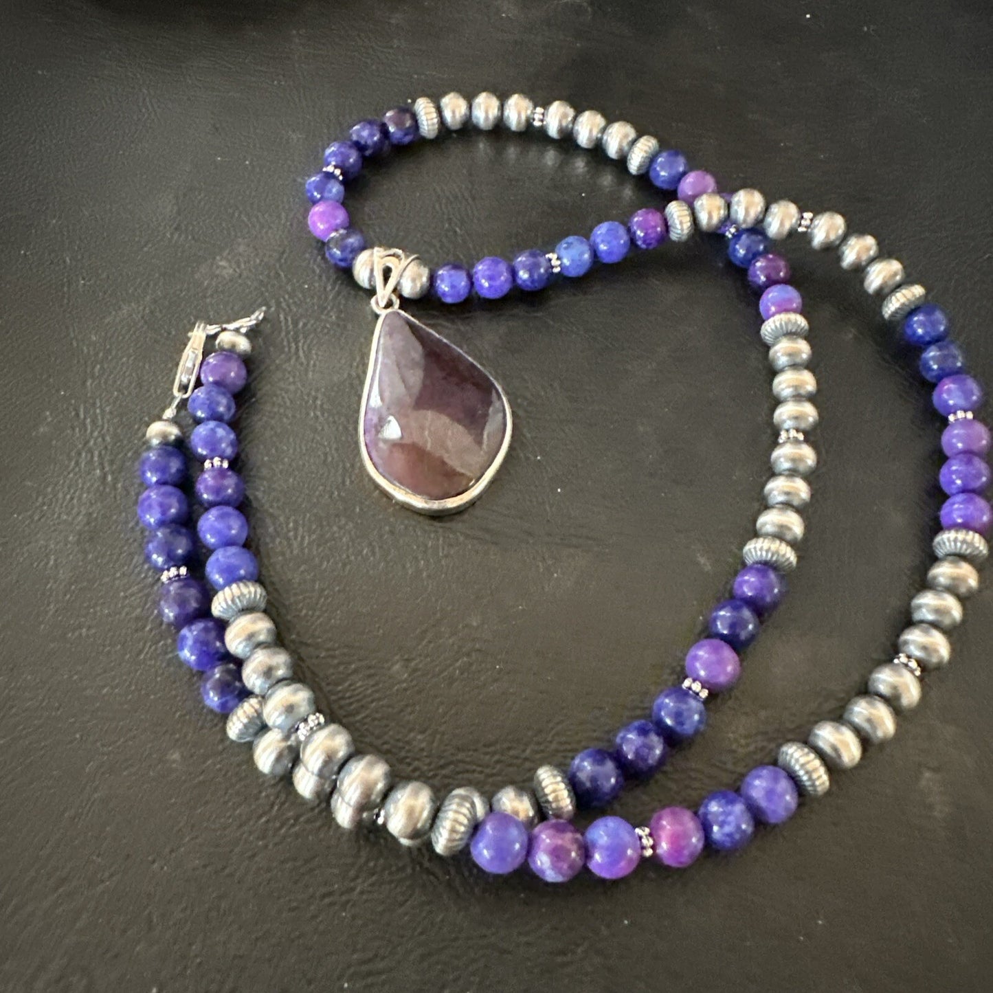 Purple Stone Pendant Navajo Pearls Sterling Silver Necklace 23" 17891