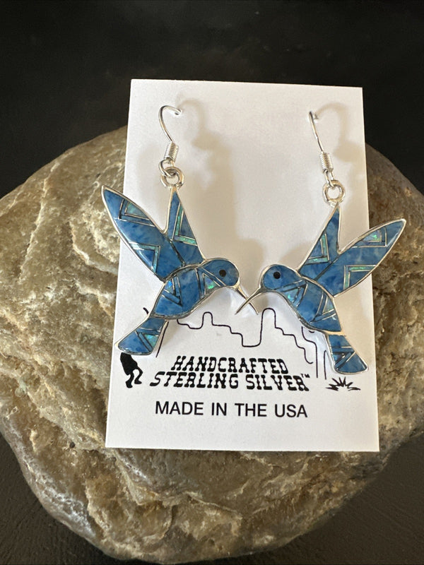 Blue Denim Lapis Opal Hummingbird Dangle Earrings | Sterling Silver | Authentic Native American Handmade | 19142
