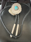 XXL Men's Blue Kingman Turquoise Navajo Bolo Tie 4" | Sterling Silver | Authentic Native American Handmade | 18689
